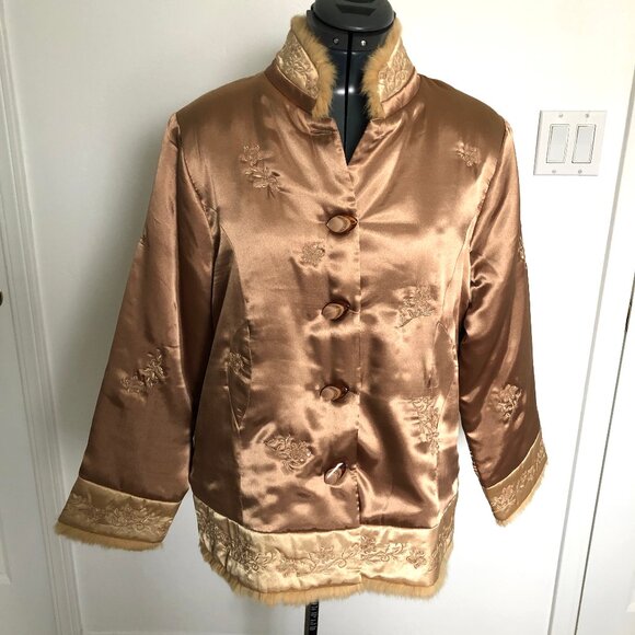 Light Copper Color Satiny Jacket with Embroidered Flowers and faux fur trim - Picture 2 of 14